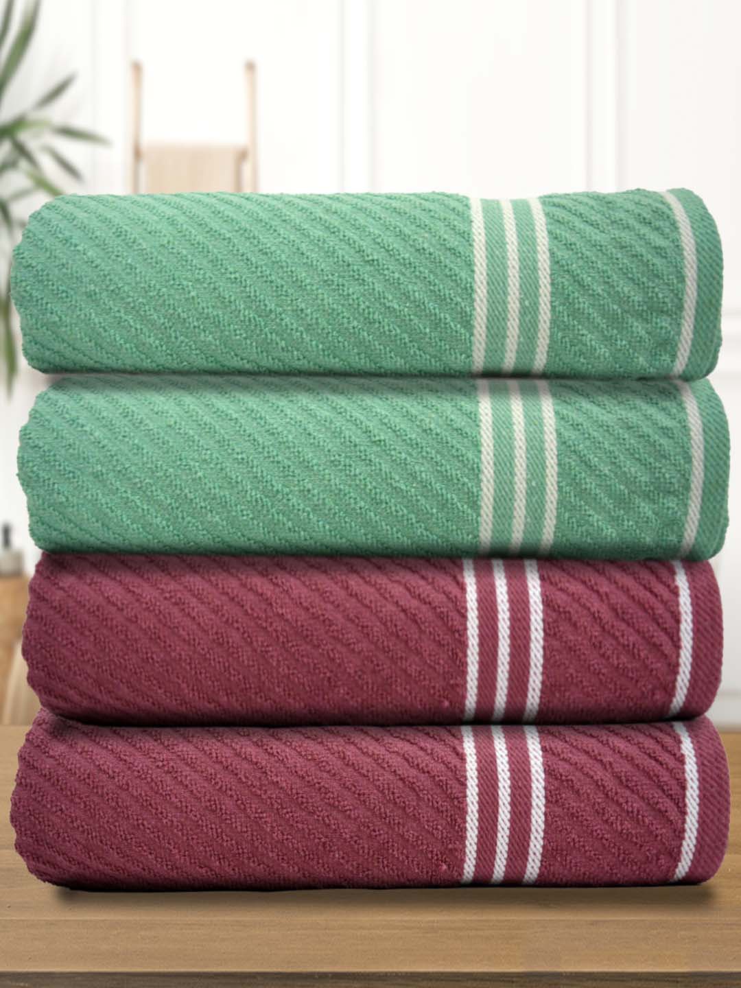 

Athom Living Green & Mauve 4 Pieces Striped 400 GSM Cotton Bath Towels