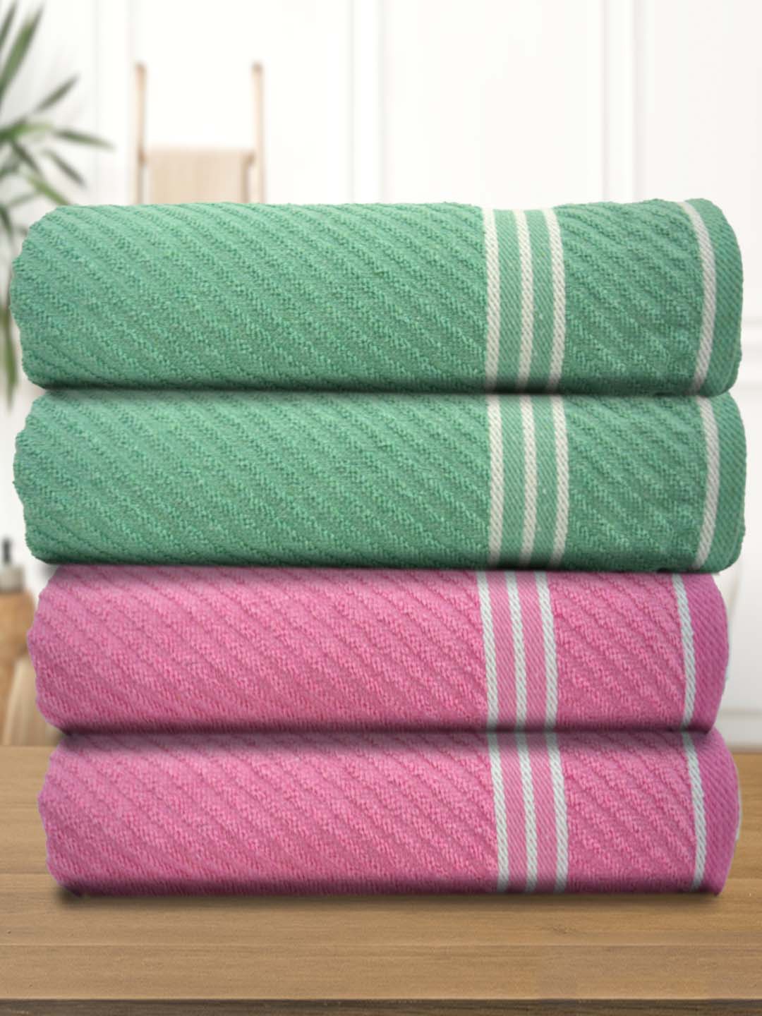 

Athom Living Green & Pink 4 Pieces Striped 400 GSM Cotton Bath Towels