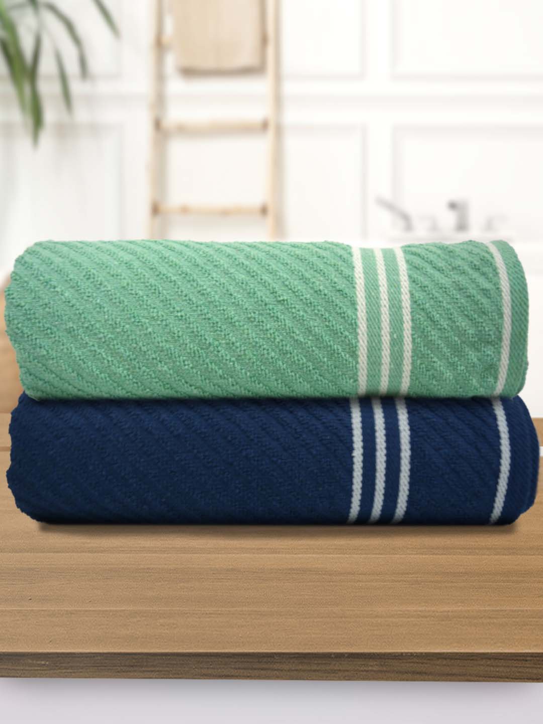 

Athom Living Sea Green & Navy Blue 2 Pieces Striped 400 GSM Cotton Bath Towels