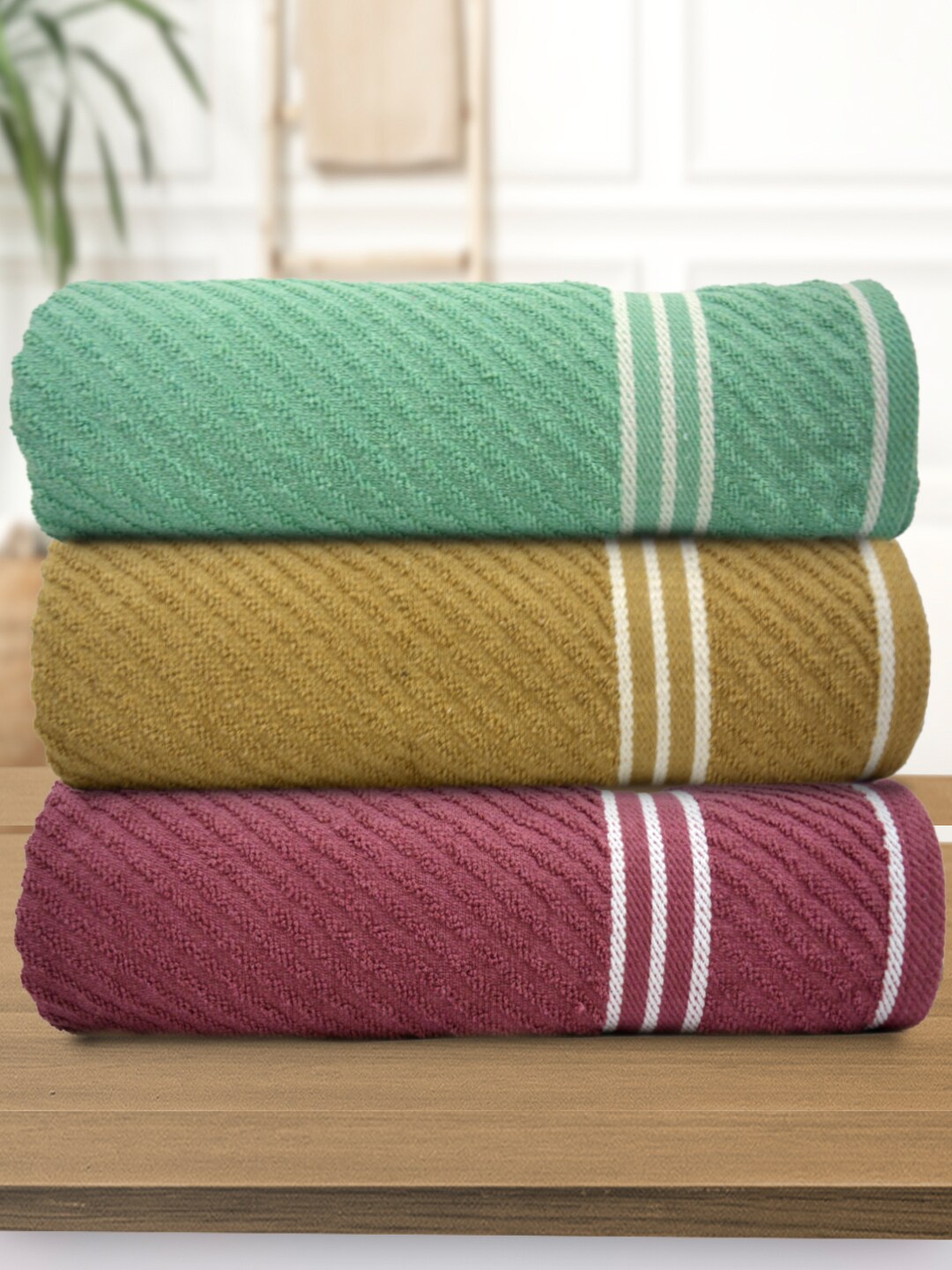 

Athom Living Mauve & Mustard 3 Pieces Striped 400 GSM Cotton Bath Towels