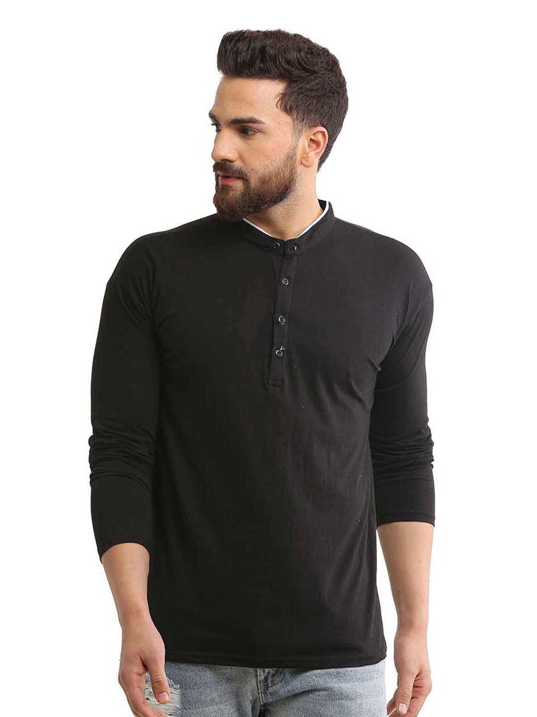 

BAESD Henley Neck New Basics Cotton Regular Fit T-shirt, Black