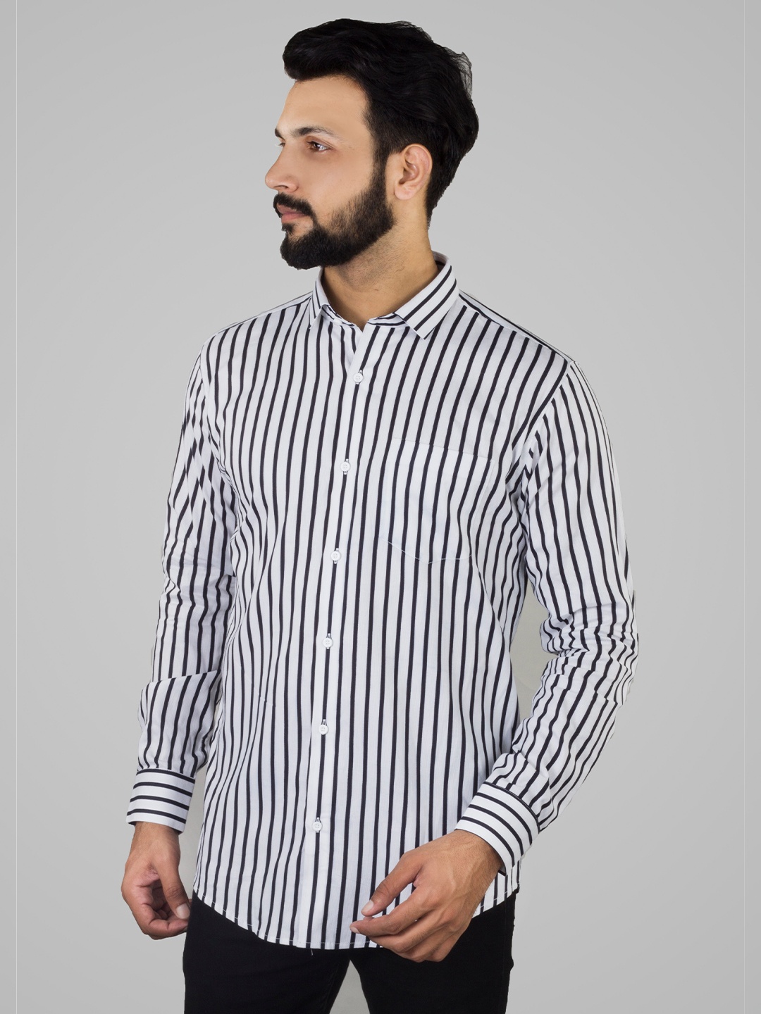 

INDIAN THREADS Comfort Spread Collar Opaque Cotton Striped Formal Shirt, White