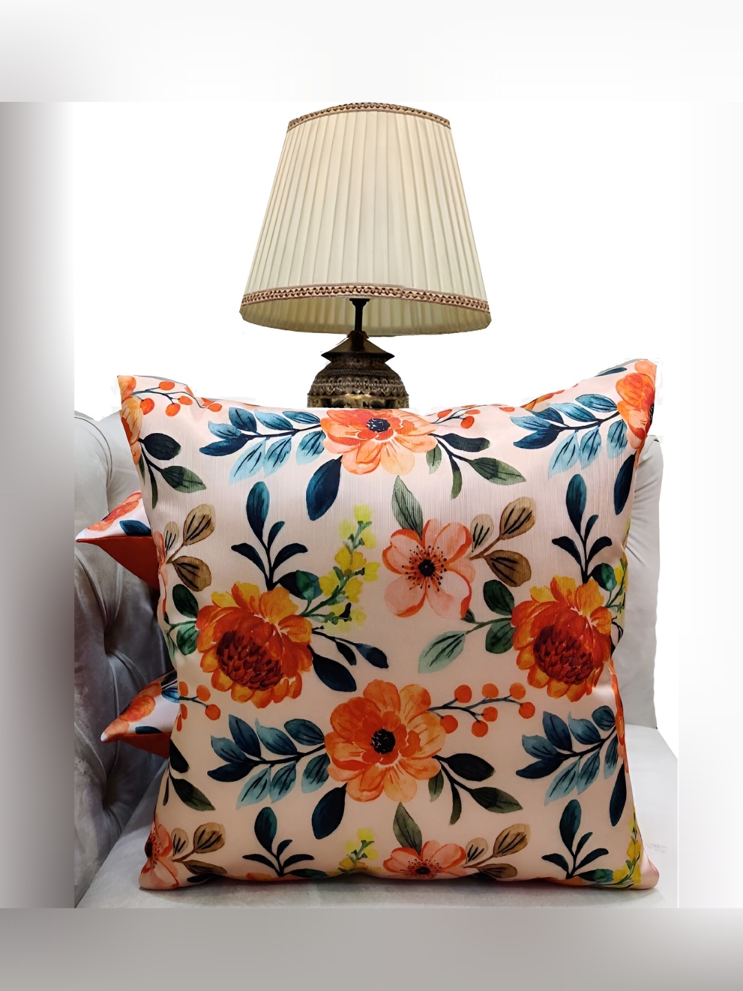 

Good Vibes White & Orange 3 Pieces Floral Printed Square Cushion Covers