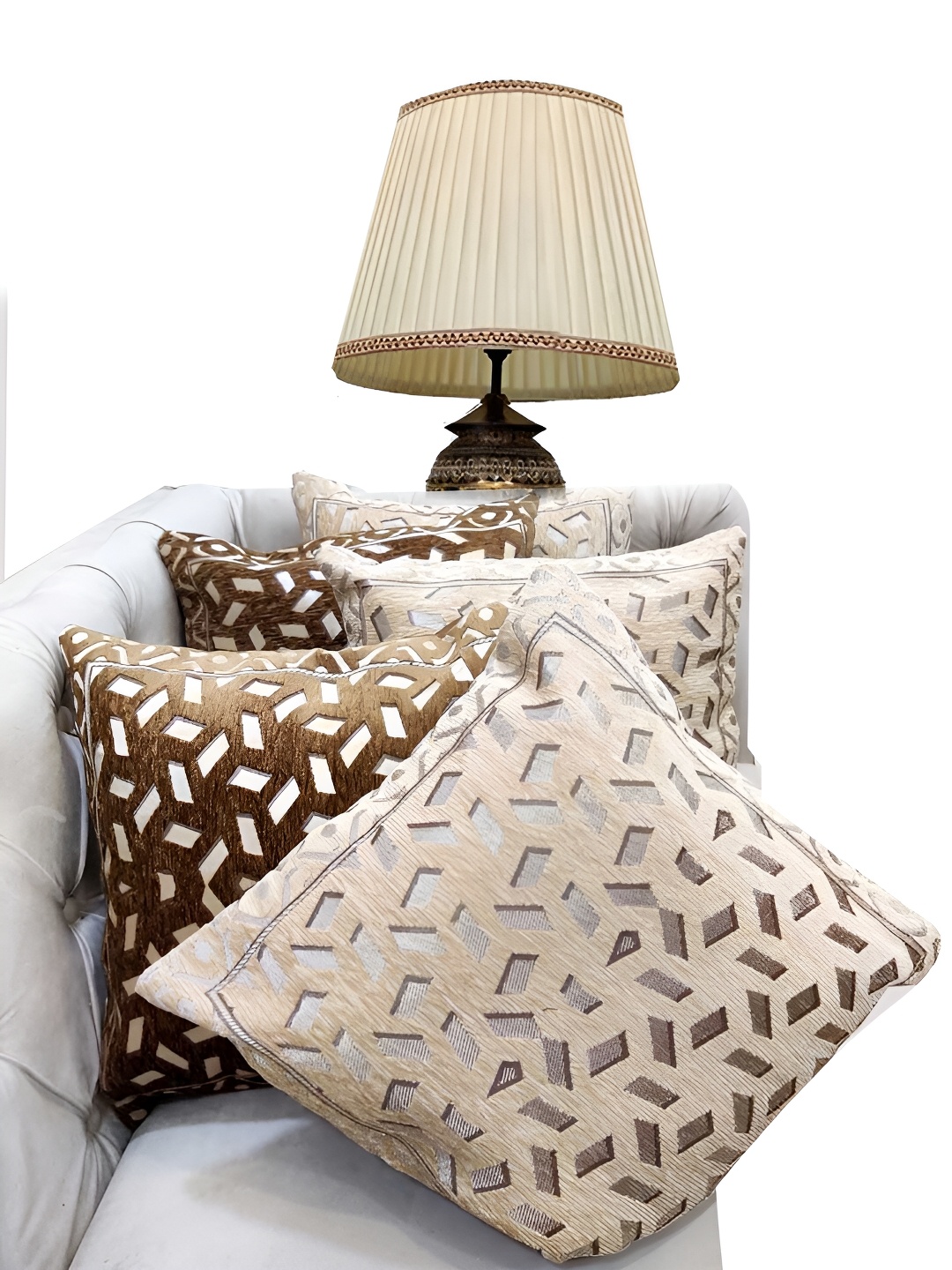 

Good Vibes Brown & Cream Coloured 5 Pieces Geometric Jacquard Square Cushion Covers