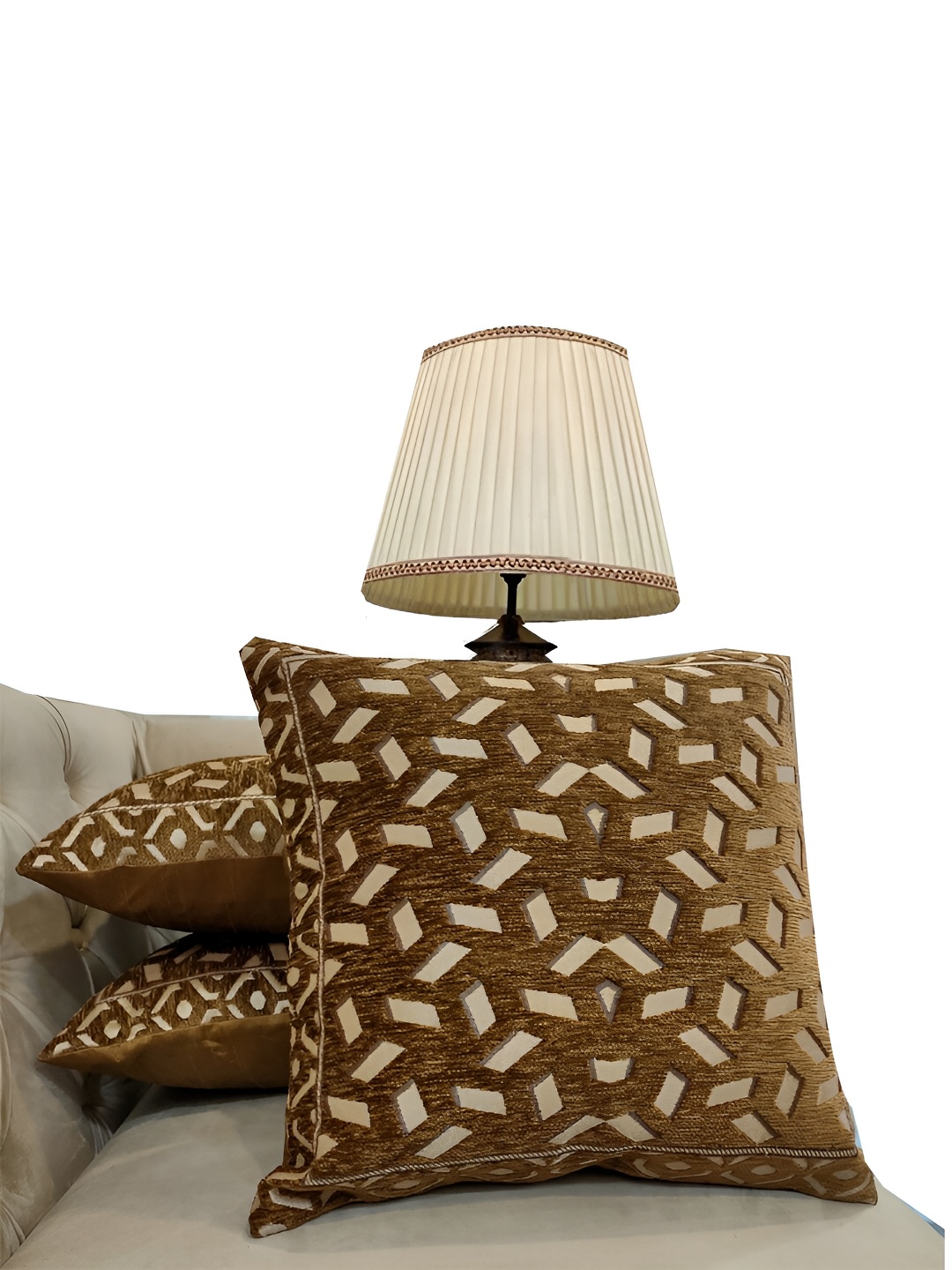 

Good Vibes Beige & Beige 3 Pieces Geometric Jacquard Square Cushion Covers, Brown