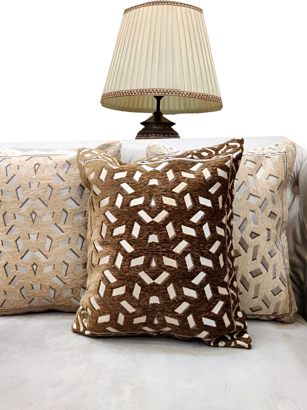 

Good Vibes Brown & White 3 Pieces Geometric Jacquard Square Cushion Covers