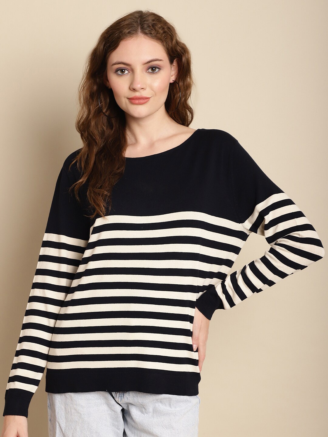 

NoBarr Horizontal Striped Long Sleeves Regular Top, White