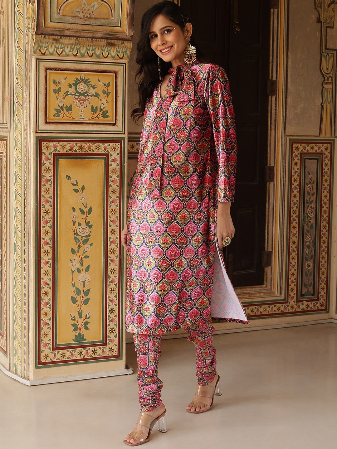 

AKS Couture Floral Printed Tie-Up Neck Long Sleeves Regular Velvet Kurta With Churidar, Peach