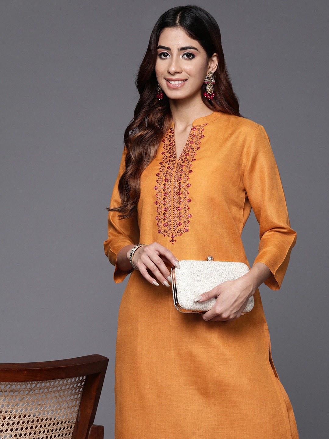 

Varanga Embroidered Thread Work Kurta with Trousers, Mustard