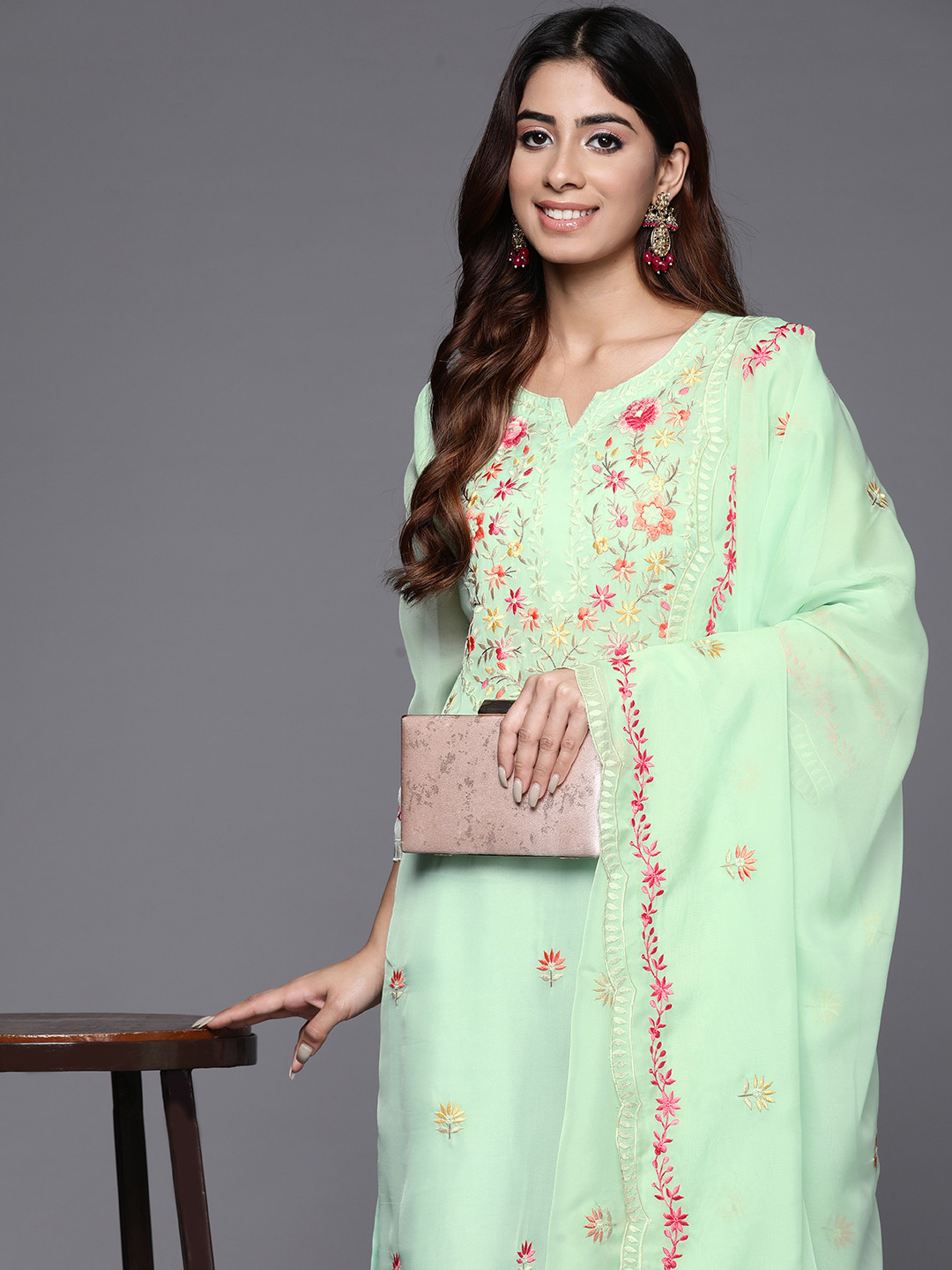 

Varanga Floral Embroidered Thread Work Kurta with Trousers & Dupatta, Sea green