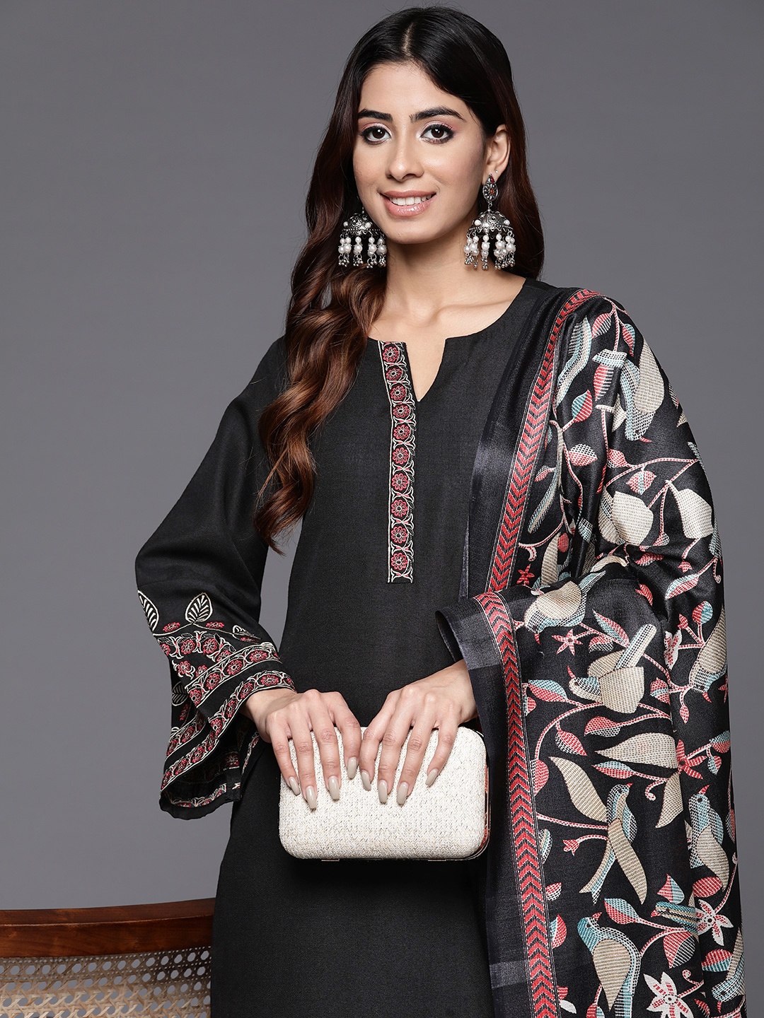 

Varanga Floral Embroidered Thread Work Kurta with Trousers & Dupatta, Black