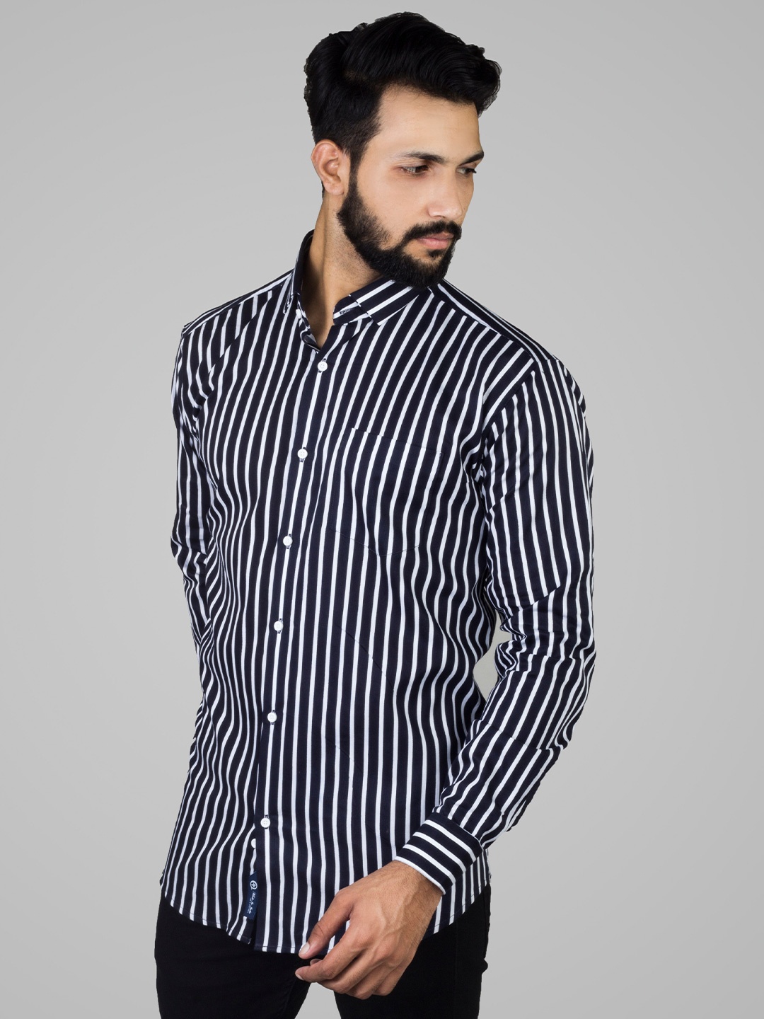 

INDIAN THREADS Comfort Spread Collar Opaque Striped Cotton Formal Shirt, Blue