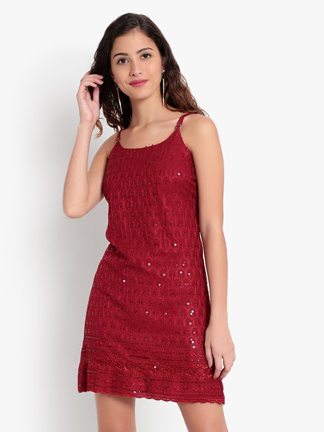 

Indietoga Floral Embroidered Shoulder Straps Sleeveless Sequinned A-Line Dress, Maroon