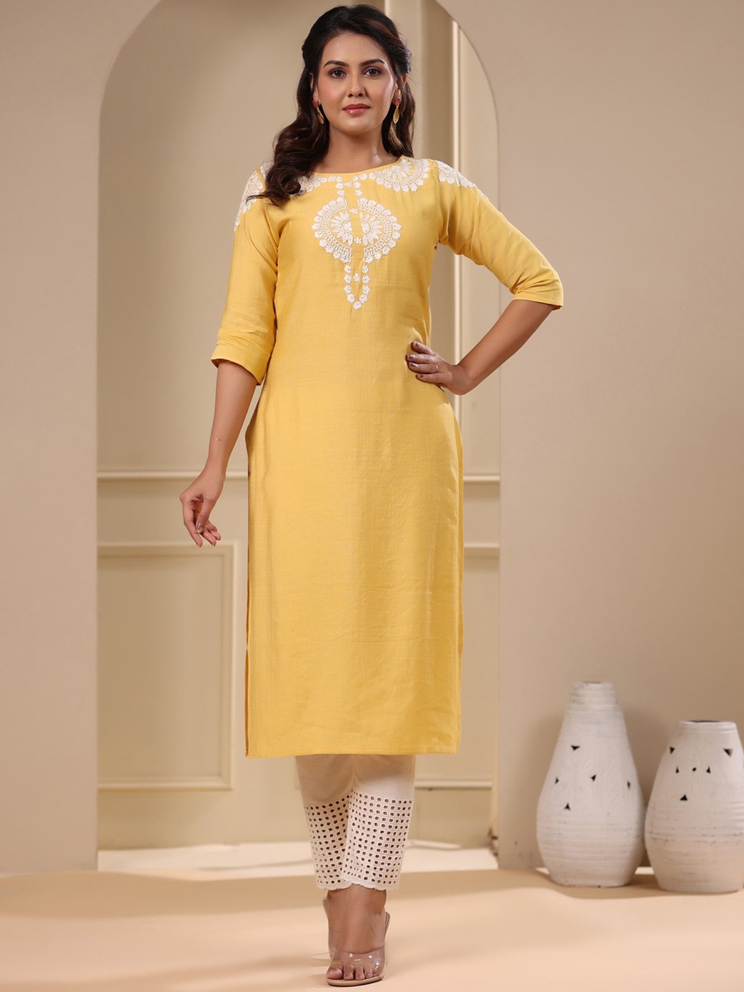 

FASHOR Embroidered Cotton Kurta, Yellow