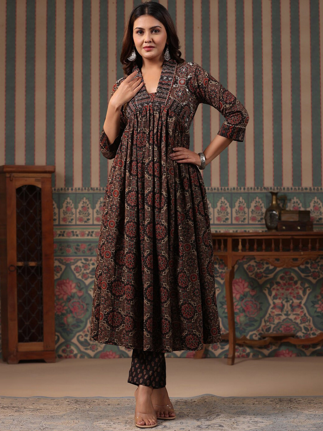 

FASHOR Ethnic Motifs Printed Empire Mirror Work Pure Cotton Kurta With Trousers, Brown
