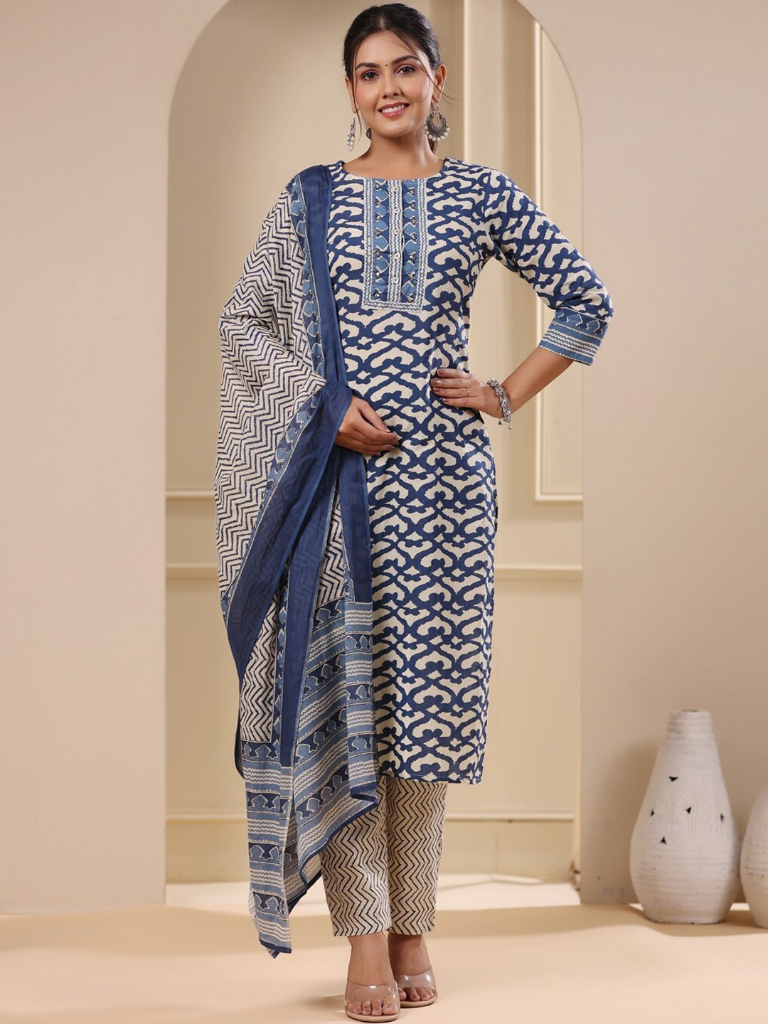 

FASHOR Ethnic Motifs Printed Pure Cotton Kurta With Trousers & Dupatta, Blue