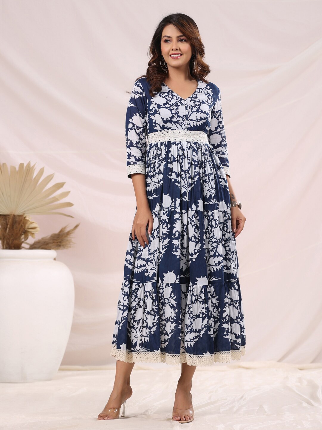 

FASHOR Floral Printed V-Neck Gathered Cotton Fit & Flare Midi Dress, Blue