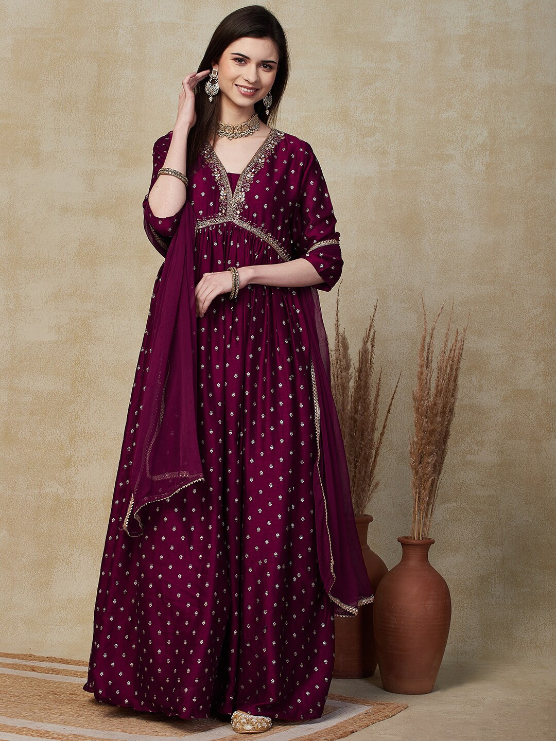 

FASHOR Floral Embroidered V-neck Empire Maxi Ethnic Dress With Dupatta, Purple