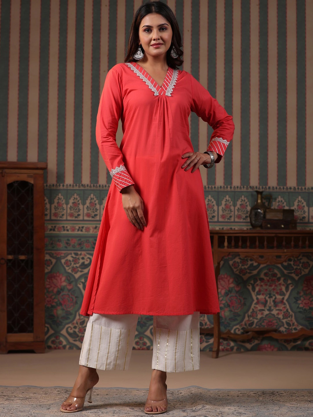 

FASHOR V-Neck Pure Cotton Kurta With Palazzos, Peach