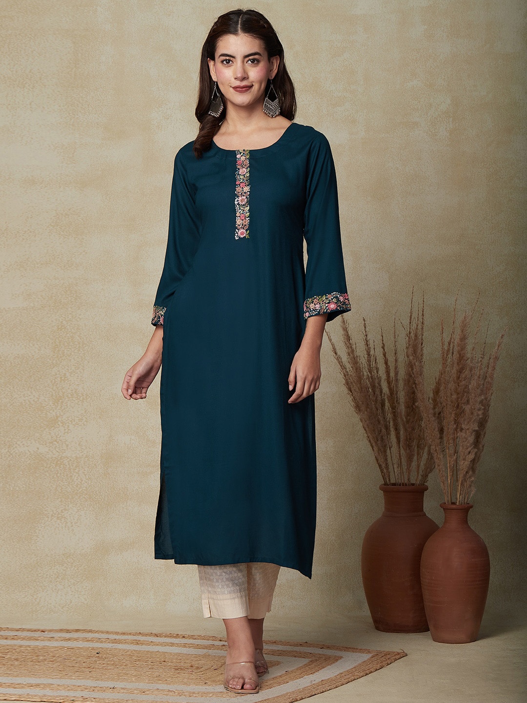 FASHOR Teal Green Floral Sequinned Embroidered Straight Kurta