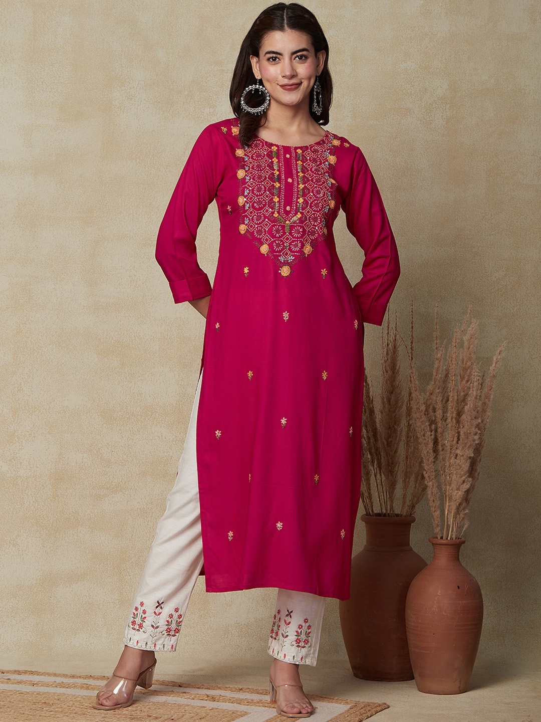 

FASHOR Pink & Orange Floral Embroidered Straight Kurta
