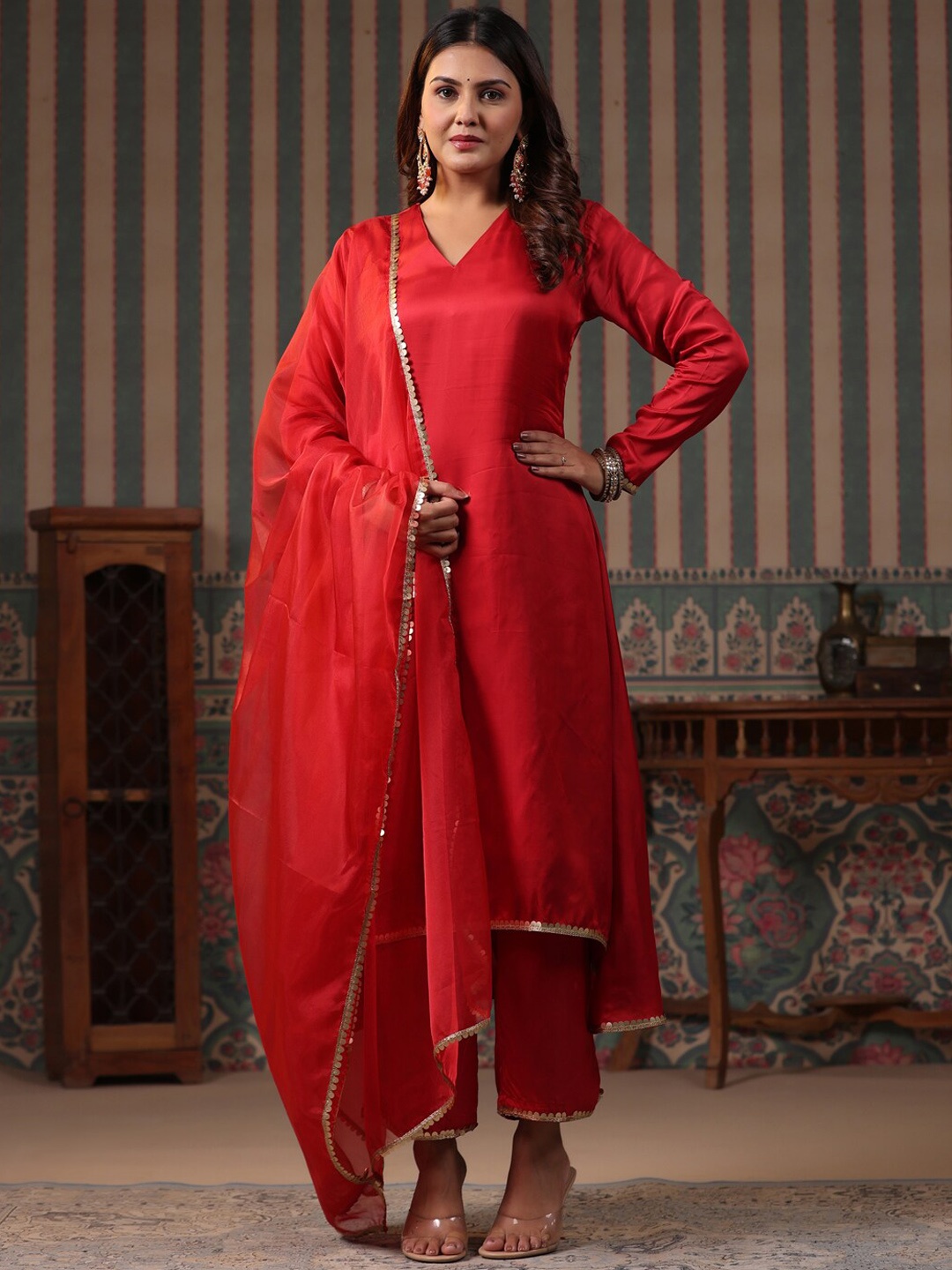 

FASHOR Maroon Embroidered V-Neck A-Line Kurta With Palazzos & Dupatta