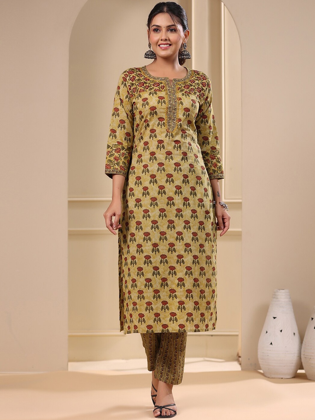 

FASHOR Green Ethnic Printed Embroidered Pure Cotton Straight Kurta With Trousers