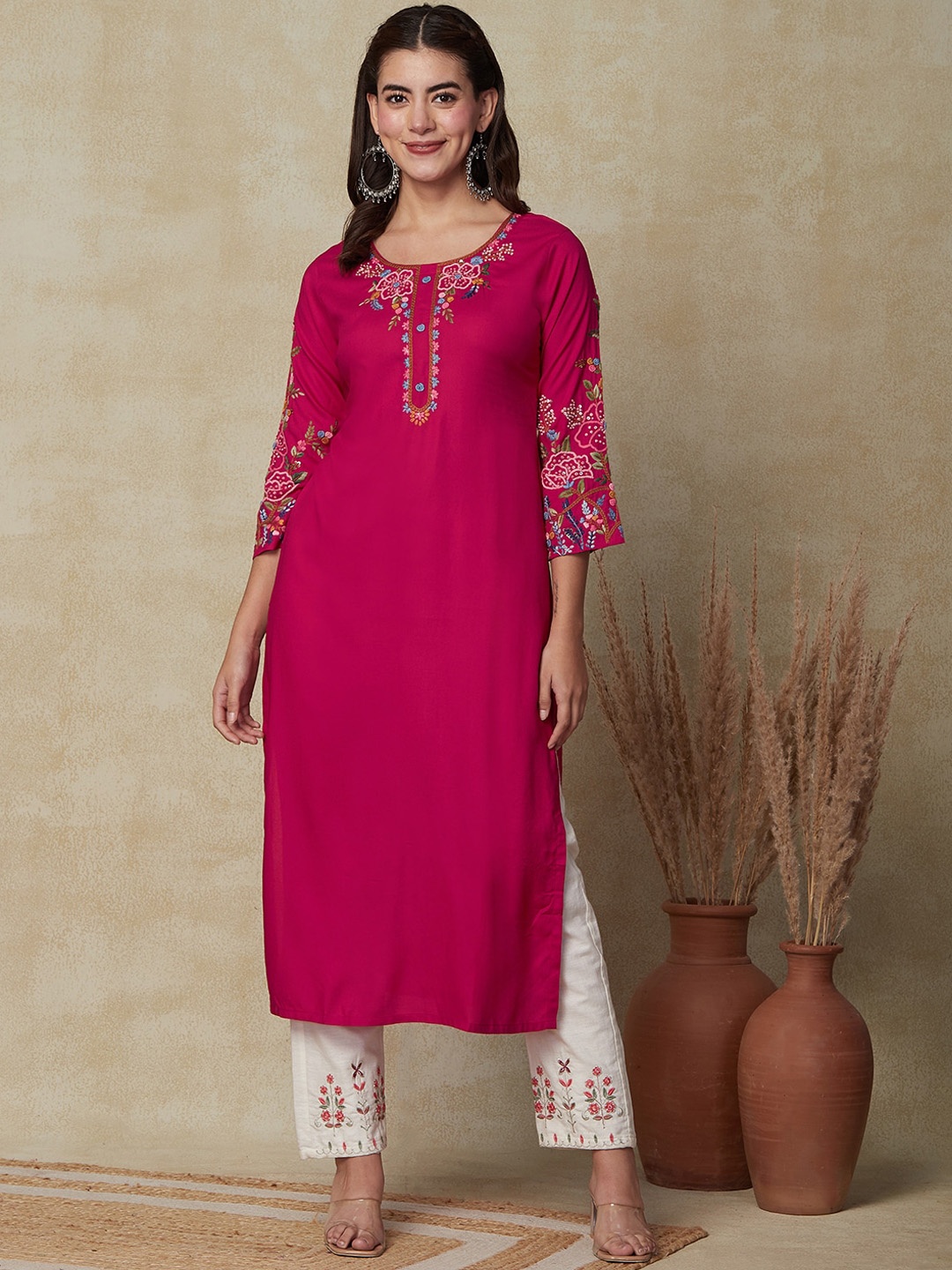 

FASHOR Pink & Green Floral Sequinned Embroidered Straight Kurta