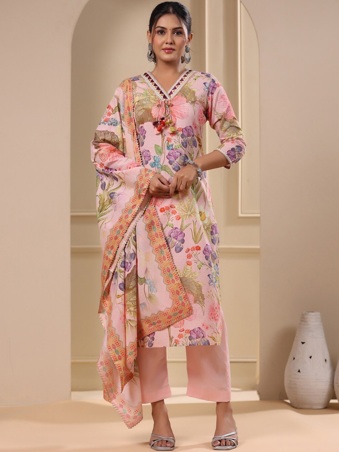 

FASHOR Pink Floral Printed Embroidered Pure Cotton Straight Kurta With Trousers & Dupatta