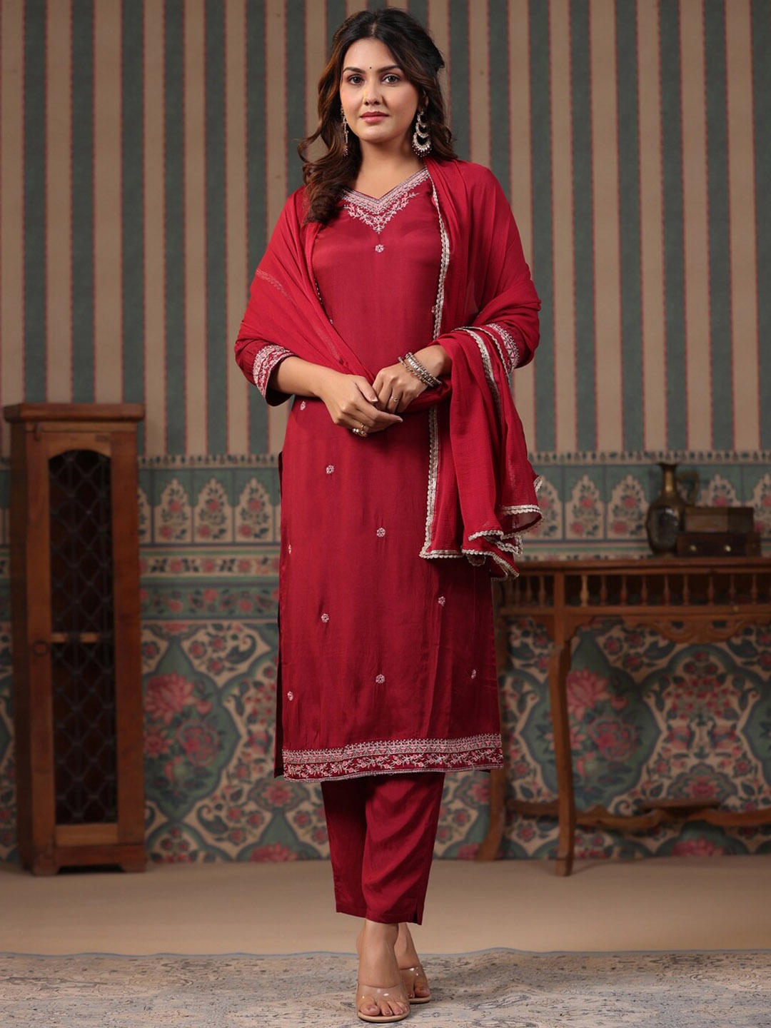 

FASHOR Maroon Floral Embroidered V-Neck Straight Kurta With Trousers & Dupatta