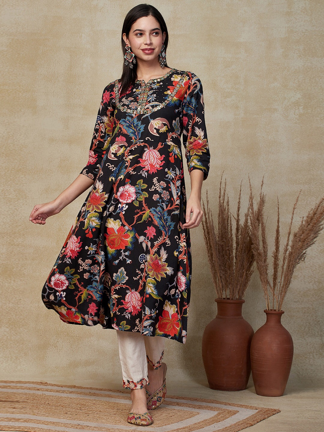 

FASHOR Floral Printed Embroidered Cotton Anarkali Kurta, Black