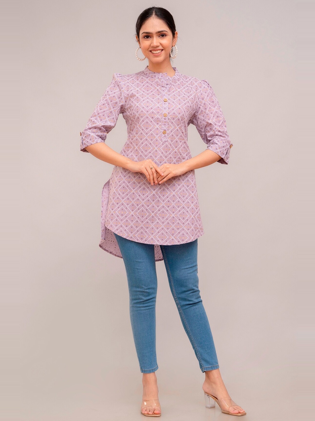 

Prakhya Geometric Printed Mandarin Collar Pure Cotton Straight Kurti, Purple