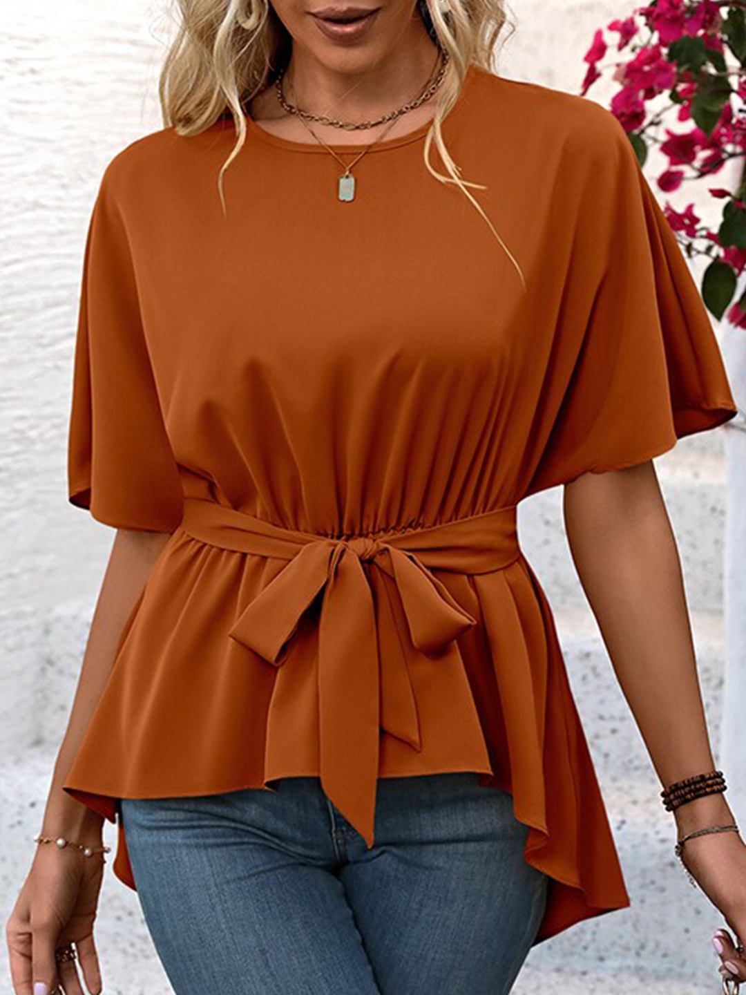 

StyleCast Orange Ruffles Cinched Waist Top