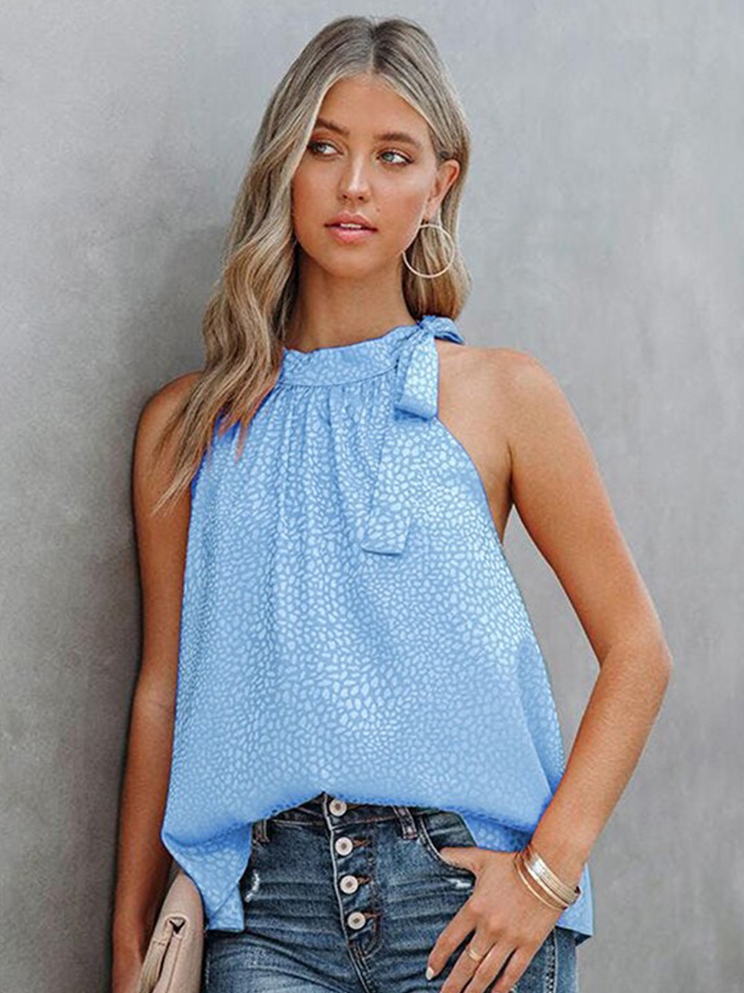

StyleCast Blue Abstract Printed Tie-Up Neck A-Line Top