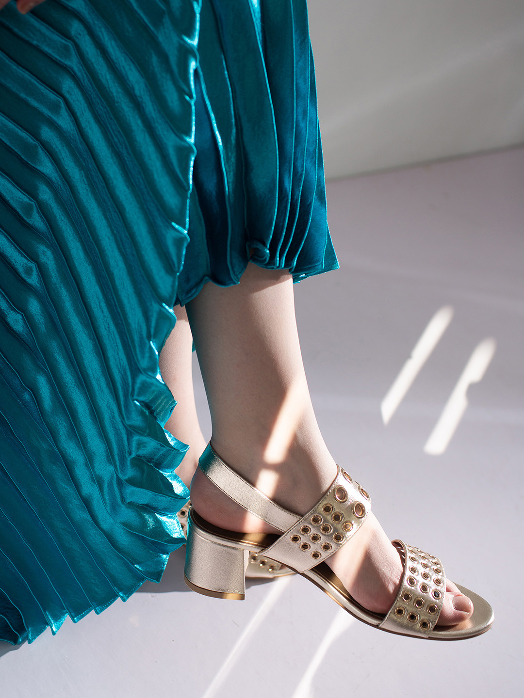 

Saint G Embellished Open Toe Leather Block Heels, Metallic
