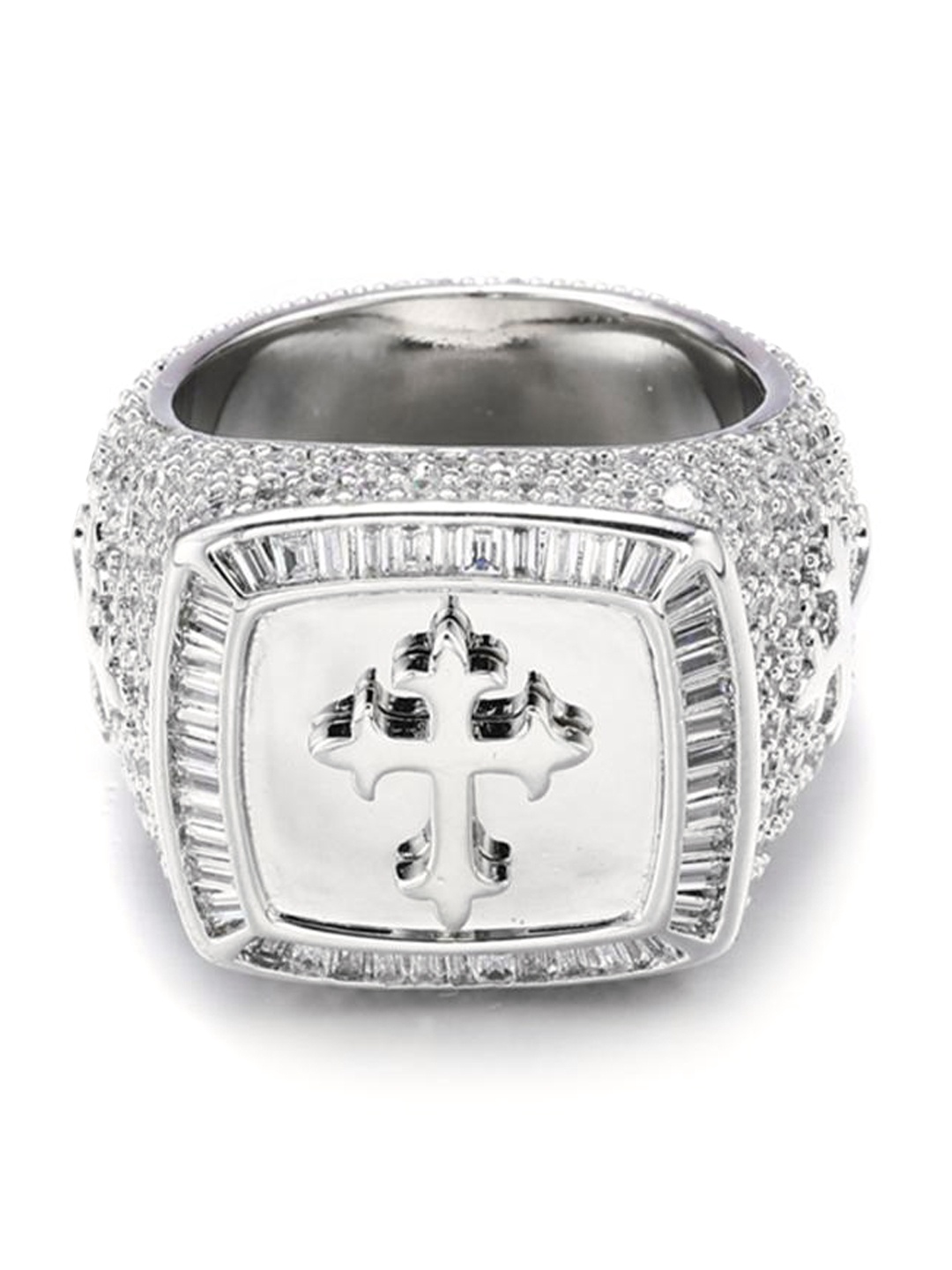 

Drip Project Men 14KT White Gold-plated CZ-studded Square Baguette Pewter Finger Ring, Silver