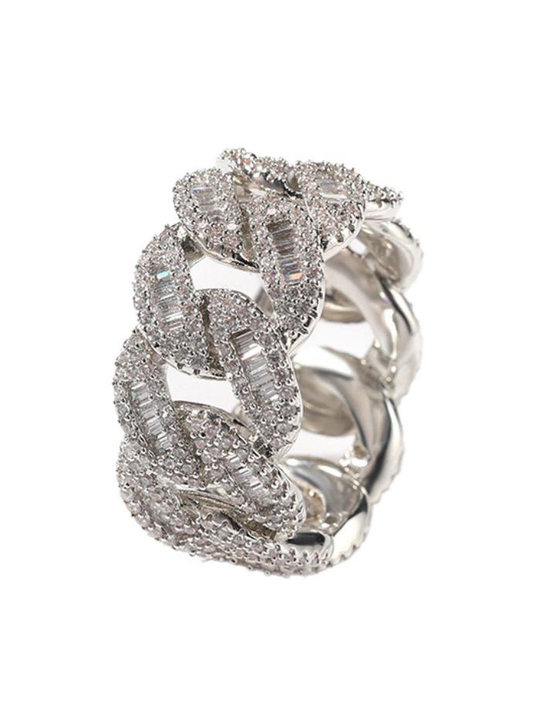 

Drip Project Men 14KT White Gold-plated CZ-studded Baguette Cuban Ring, Silver