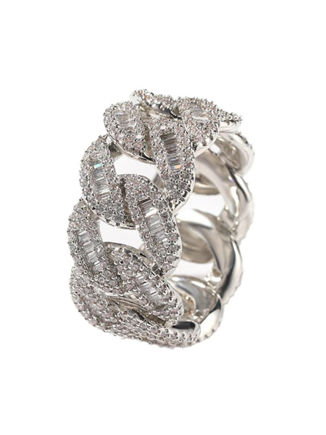 

Drip Project Men 14KT White Gold-plated CZ-studded Baguette Cuban Finger Ring, Silver