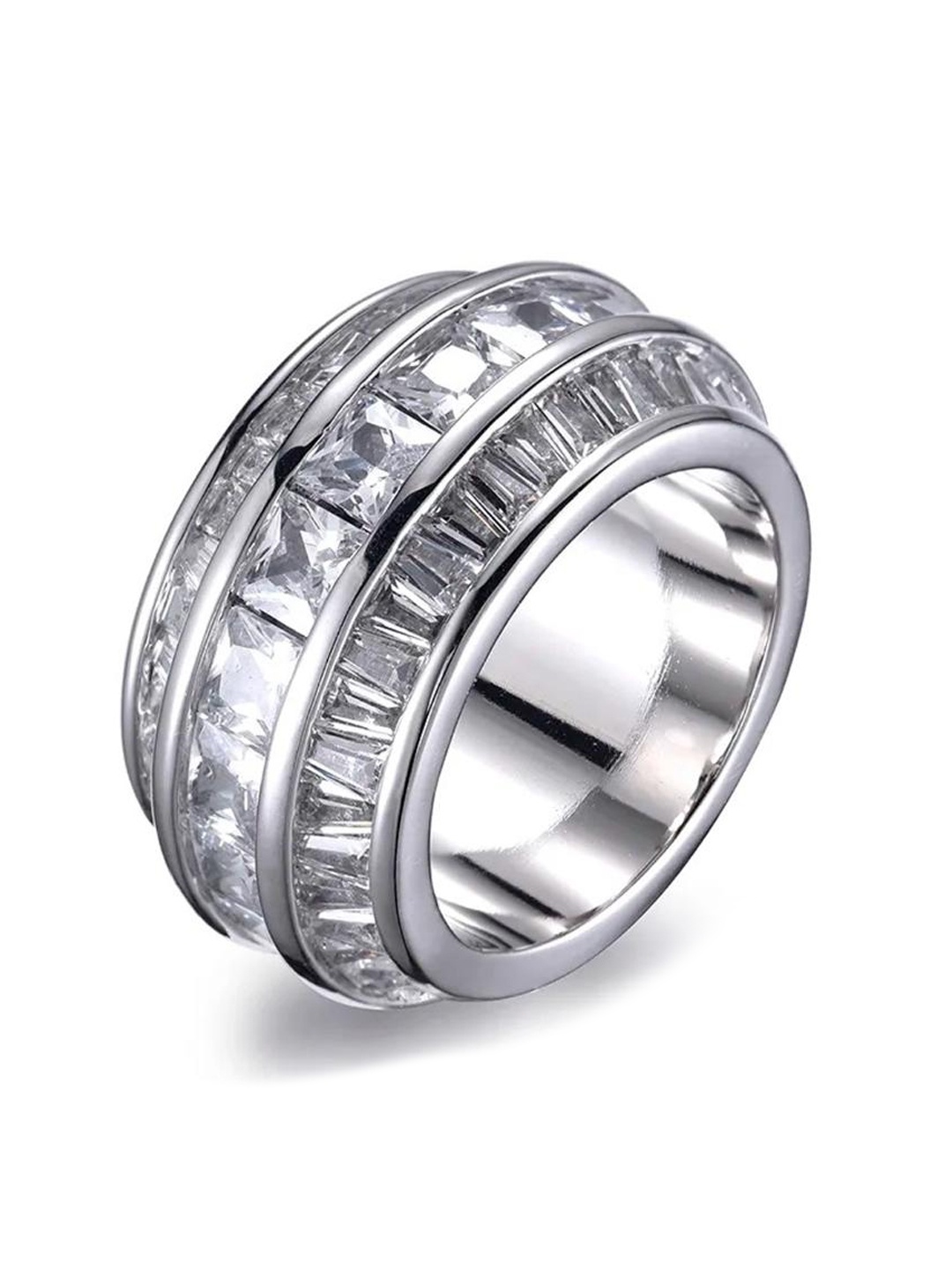 

Drip Project Men 14KT White Gold-plated CZ-studded Baguette Channel Layered Ring, Silver