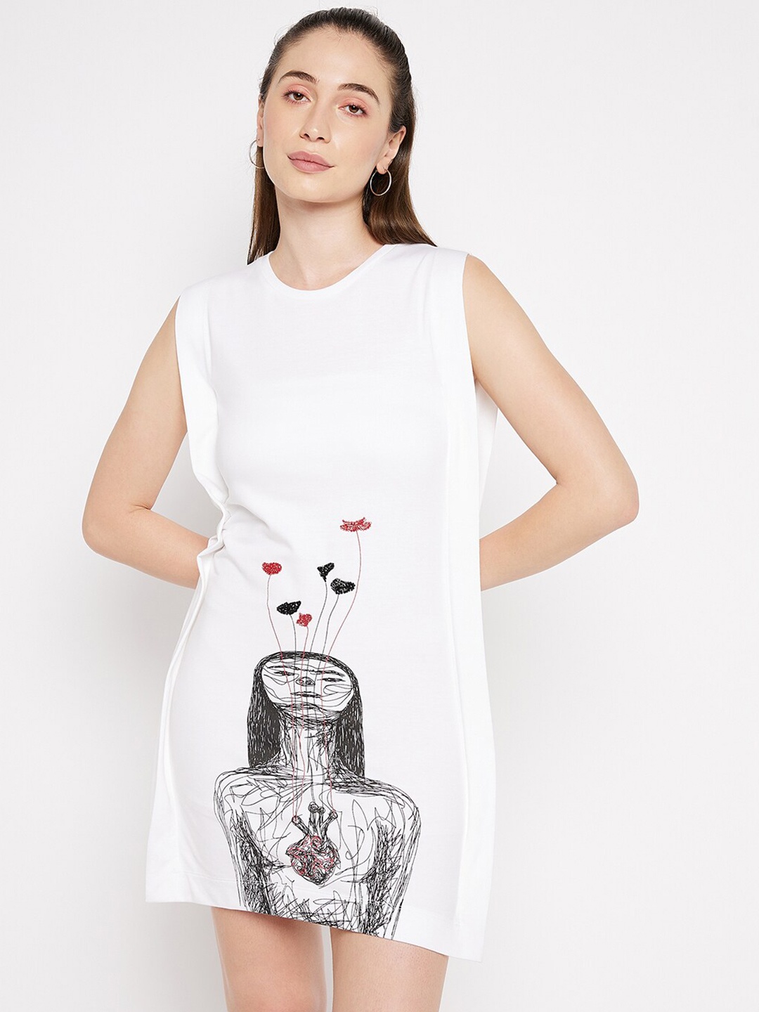 

EDRIO Abstract Printed Round Neck Cotton Sheath Mini Dress, White