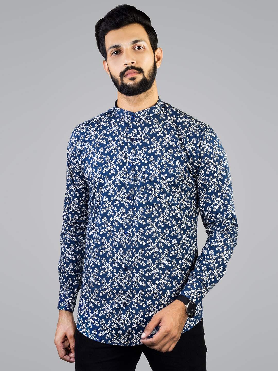 

INDIAN THREADS Comfort Floral Printed Mandarin Collar Cotton Casual Shirt, Blue