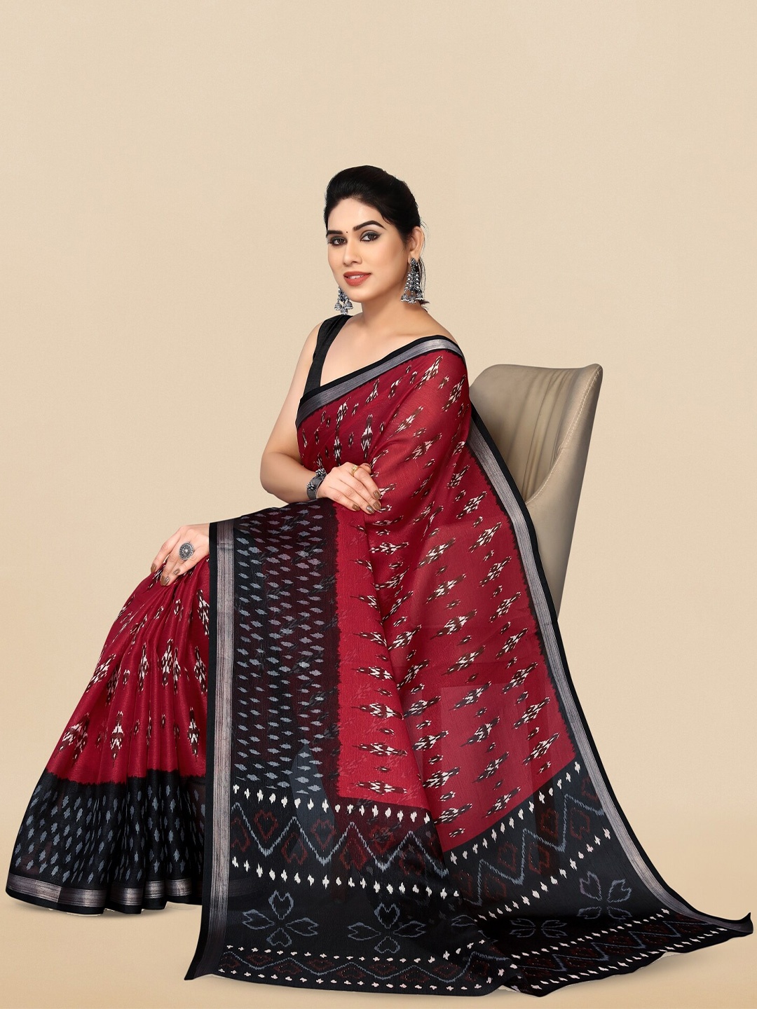 

KALINI Ethnic Motifs Printed Zari Ikat Saree, Red