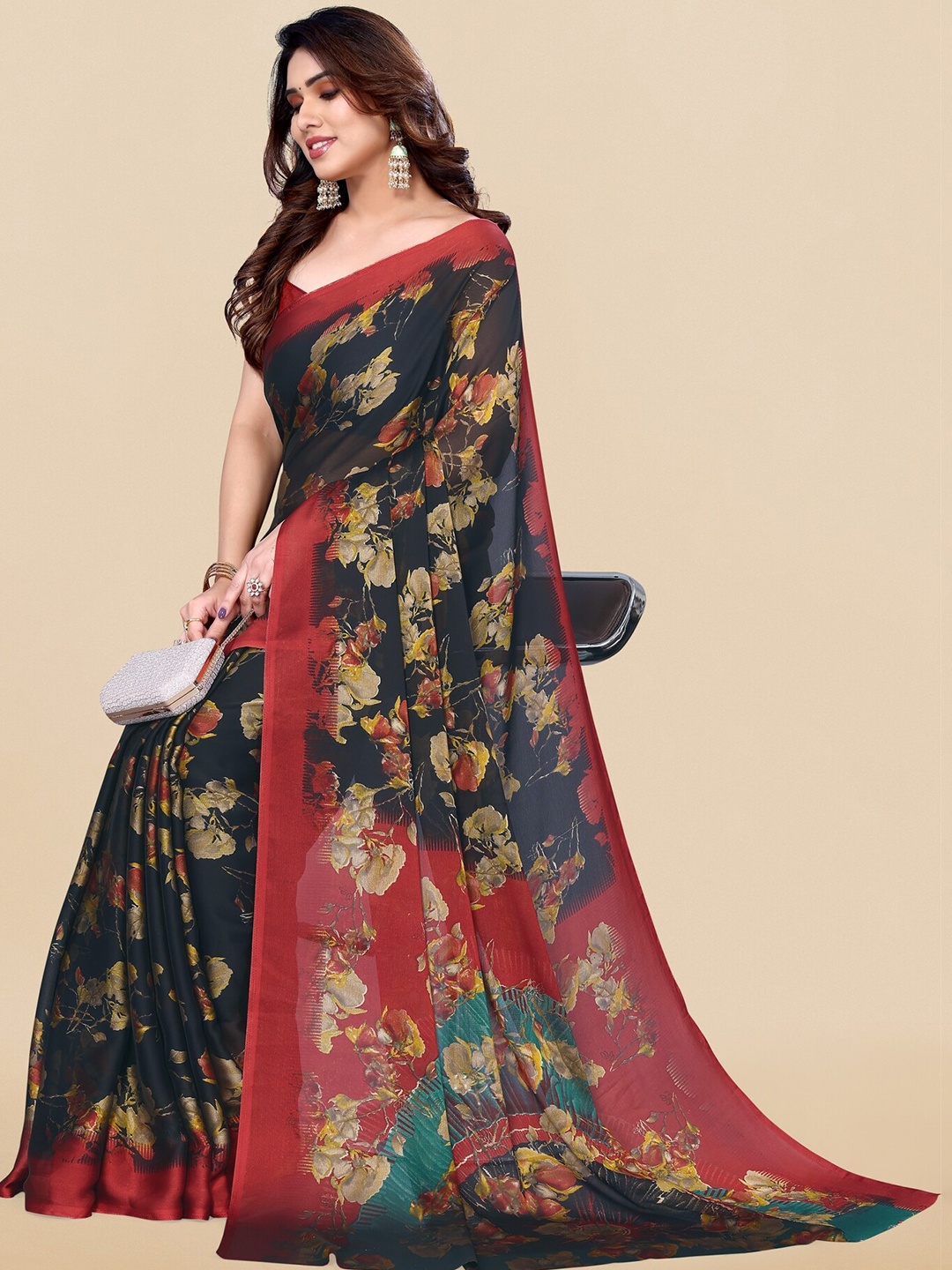 

KALINI Floral Printed Saree, Black