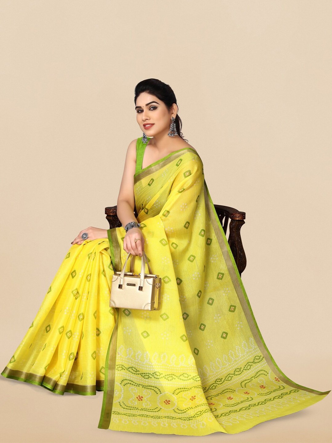 

KALINI Printed Zari Bandhani Saree, Yellow