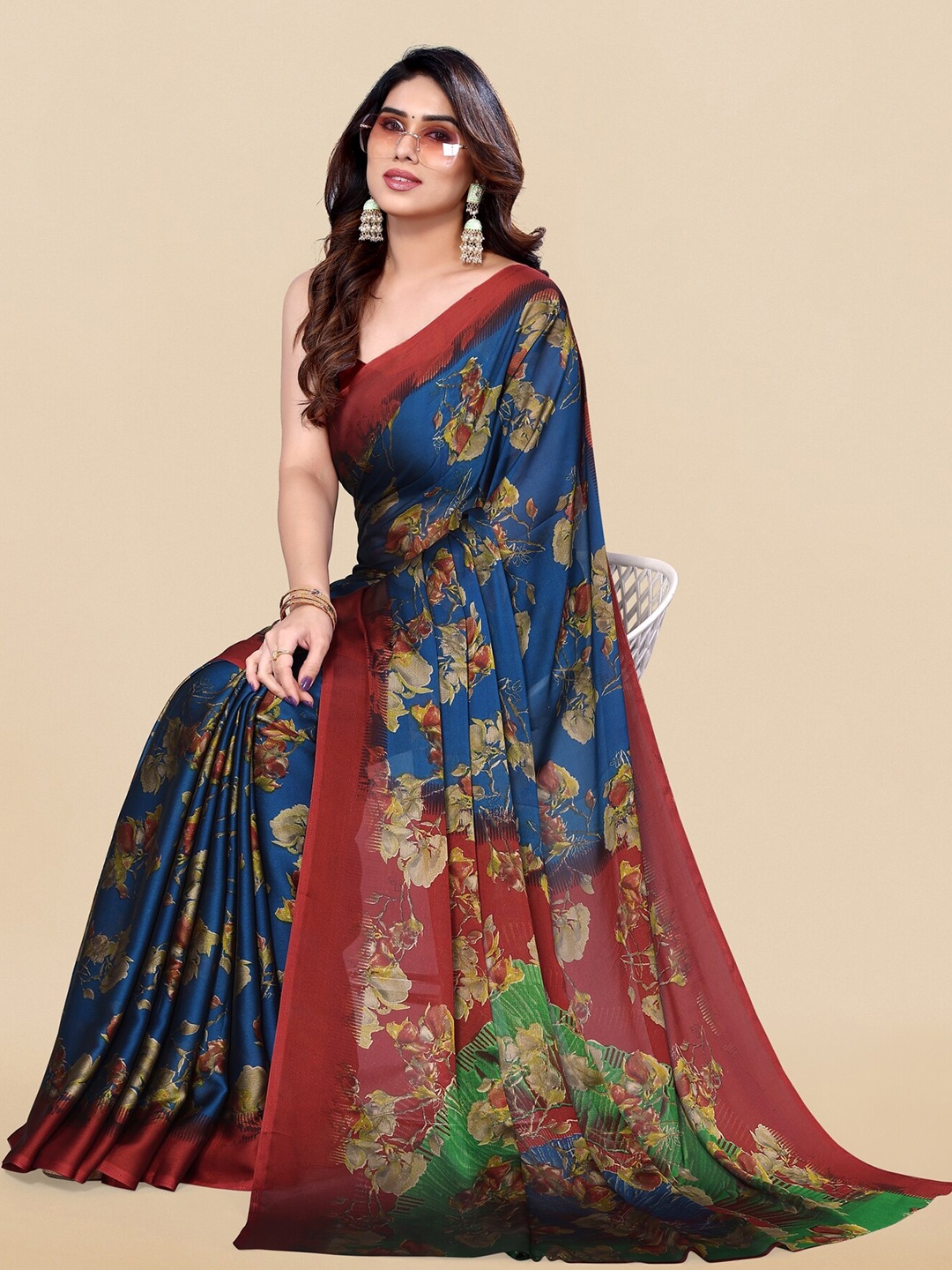 

KALINI Floral Printed Saree, Navy blue