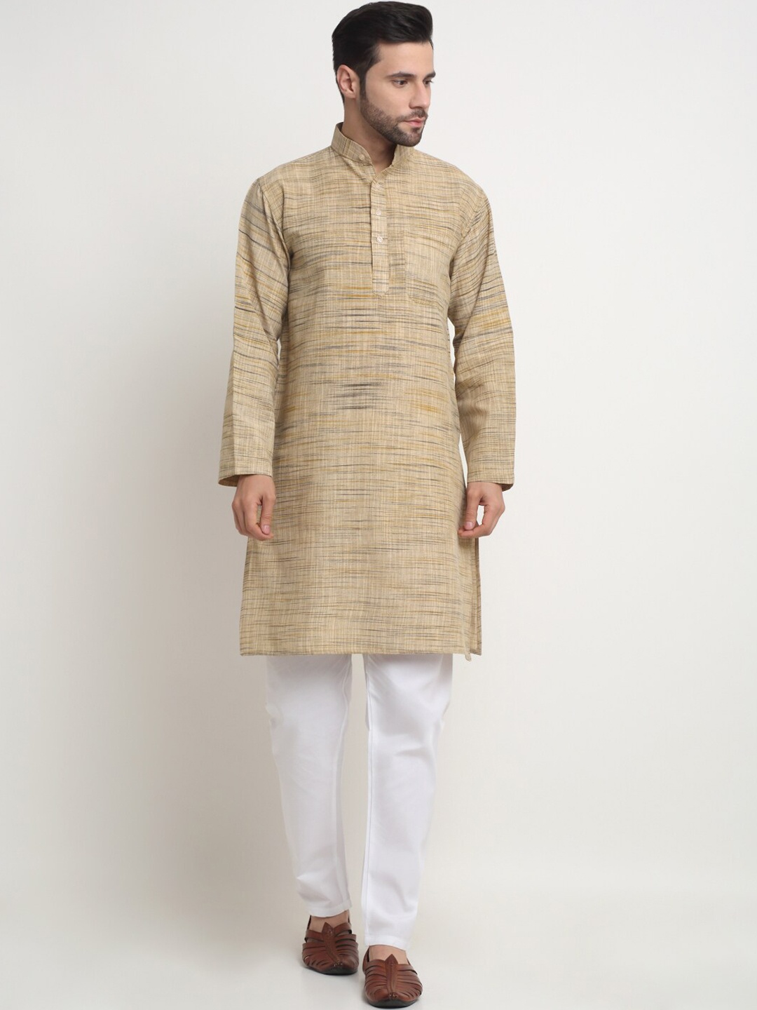 

Arrabi Striped Mandarin Collar Pure Cotton Straight Kurta, Cream