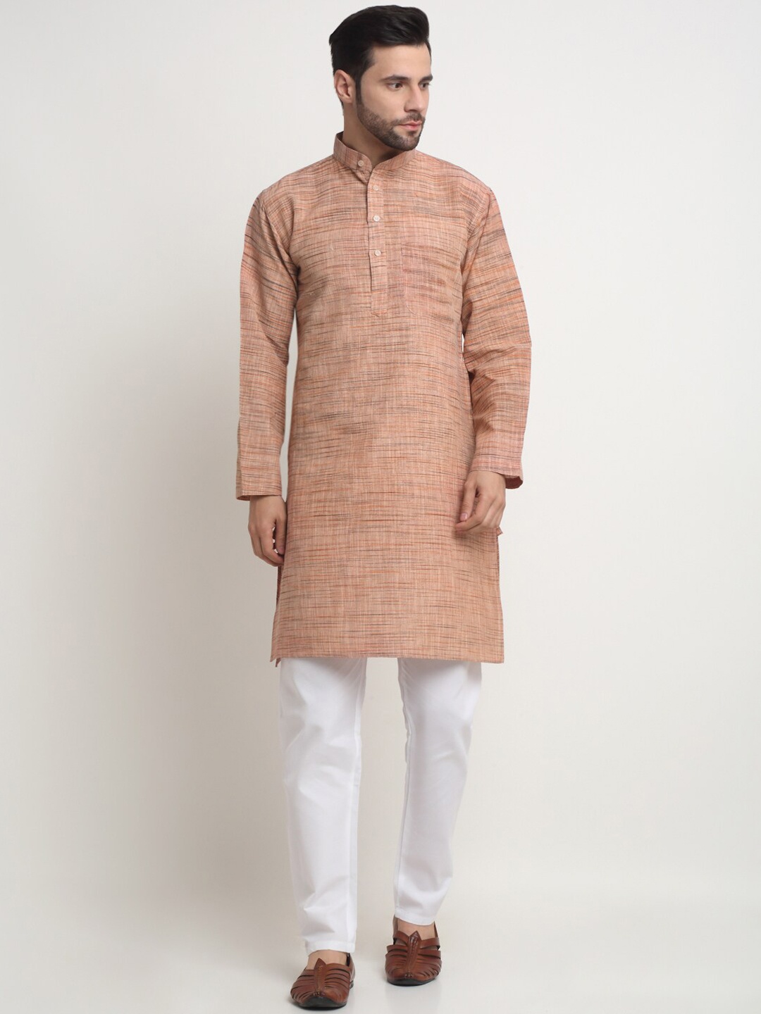 

Arrabi Striped Mandarin Collar Pure Cotton Straight Kurta, Brown