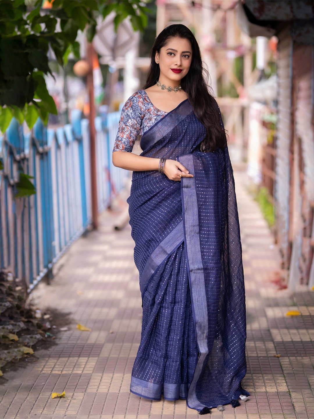 

Mitera Embellished Sequinned Linen Saree, Blue