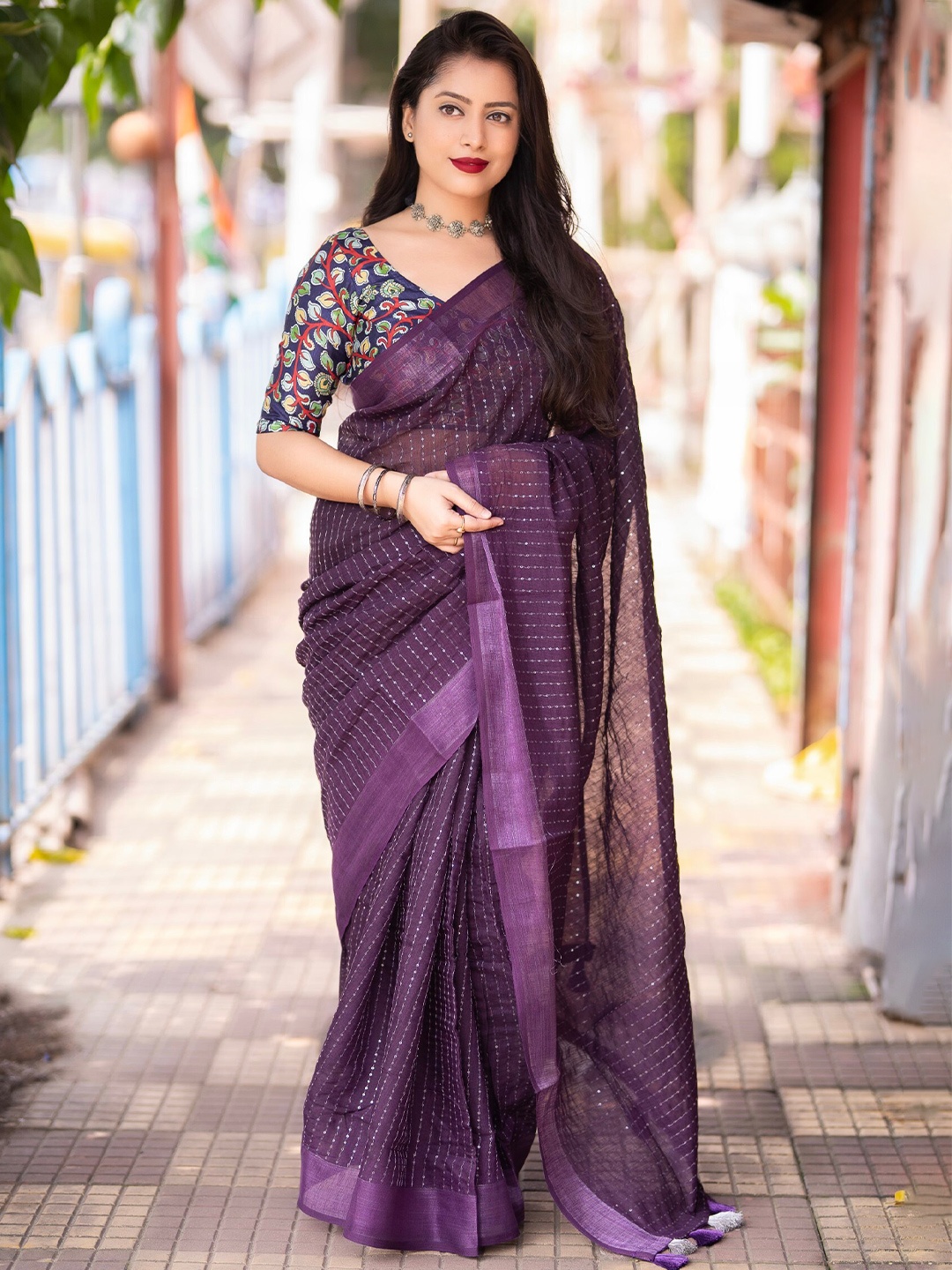 

Mitera Embellished Sequinned Linen Saree, Purple