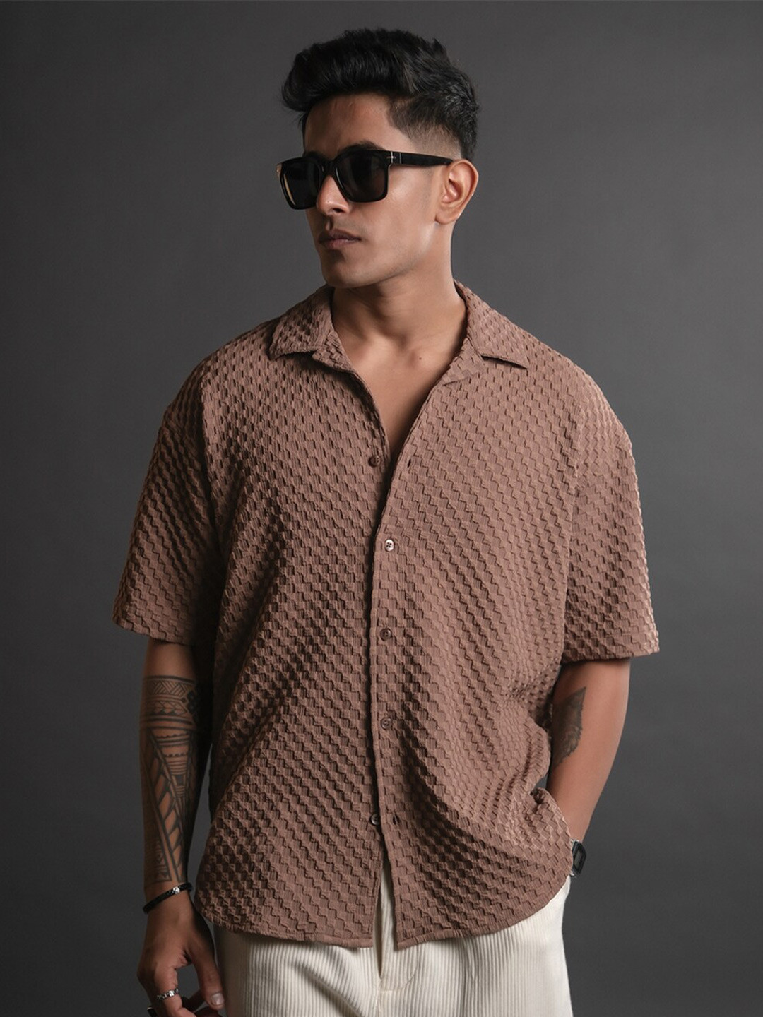 

Powerlook Brown India Slim Fit Structured Checked Cuban Collar Oversized Shirt